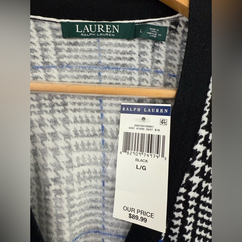NWT Lauren Ralph Lauren Houndstooth Black White Blue Cardigan Women's Size L - Picture 5 of 7